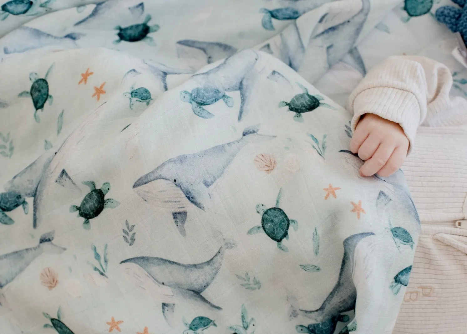 Bambella Designs Bamboo Cotton Muslin Swaddle Wrap - Turtle Bay