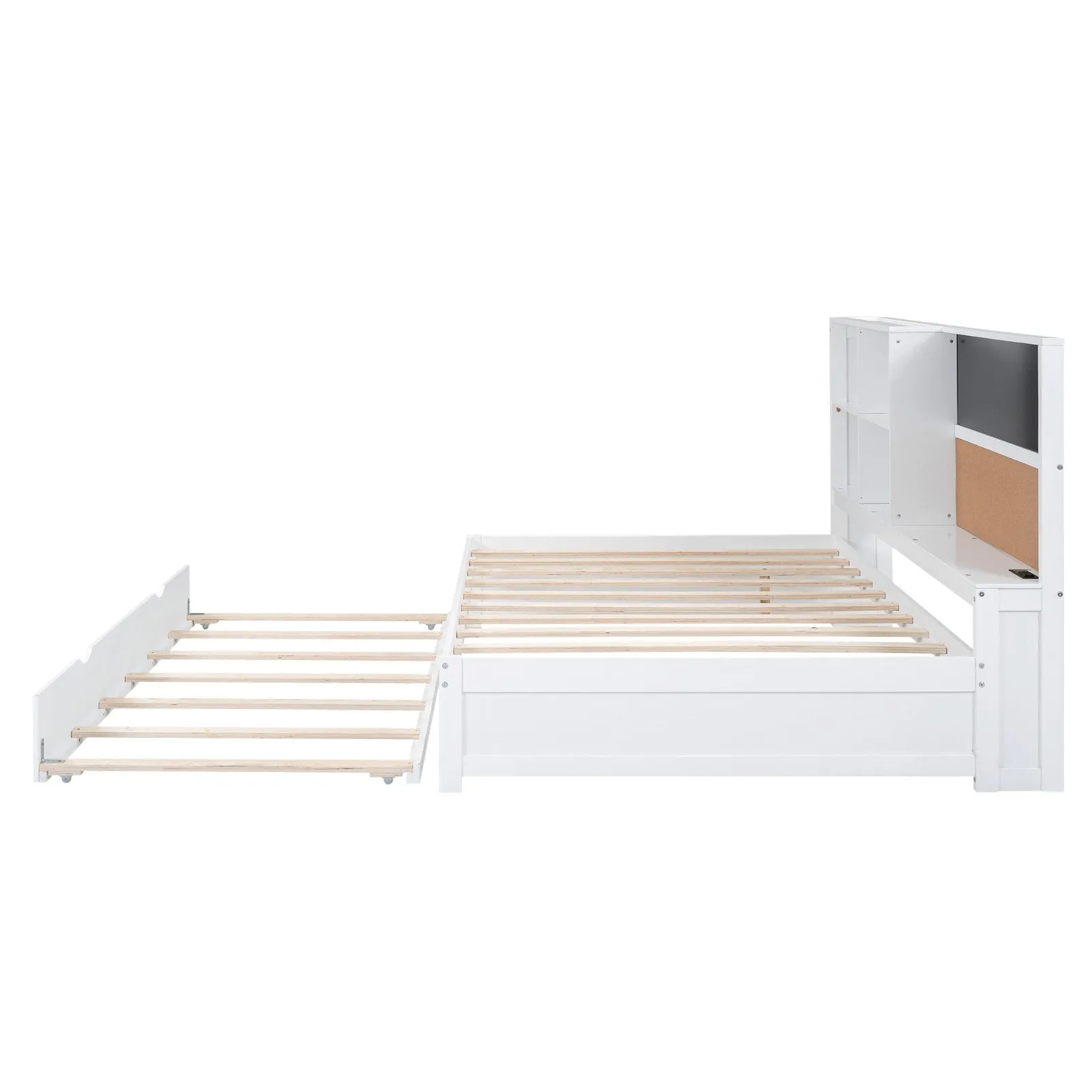 Full Size Daybed with Storage Shelves, Blackboard, Cork Board, USB Ports, and Twin Size Trundle