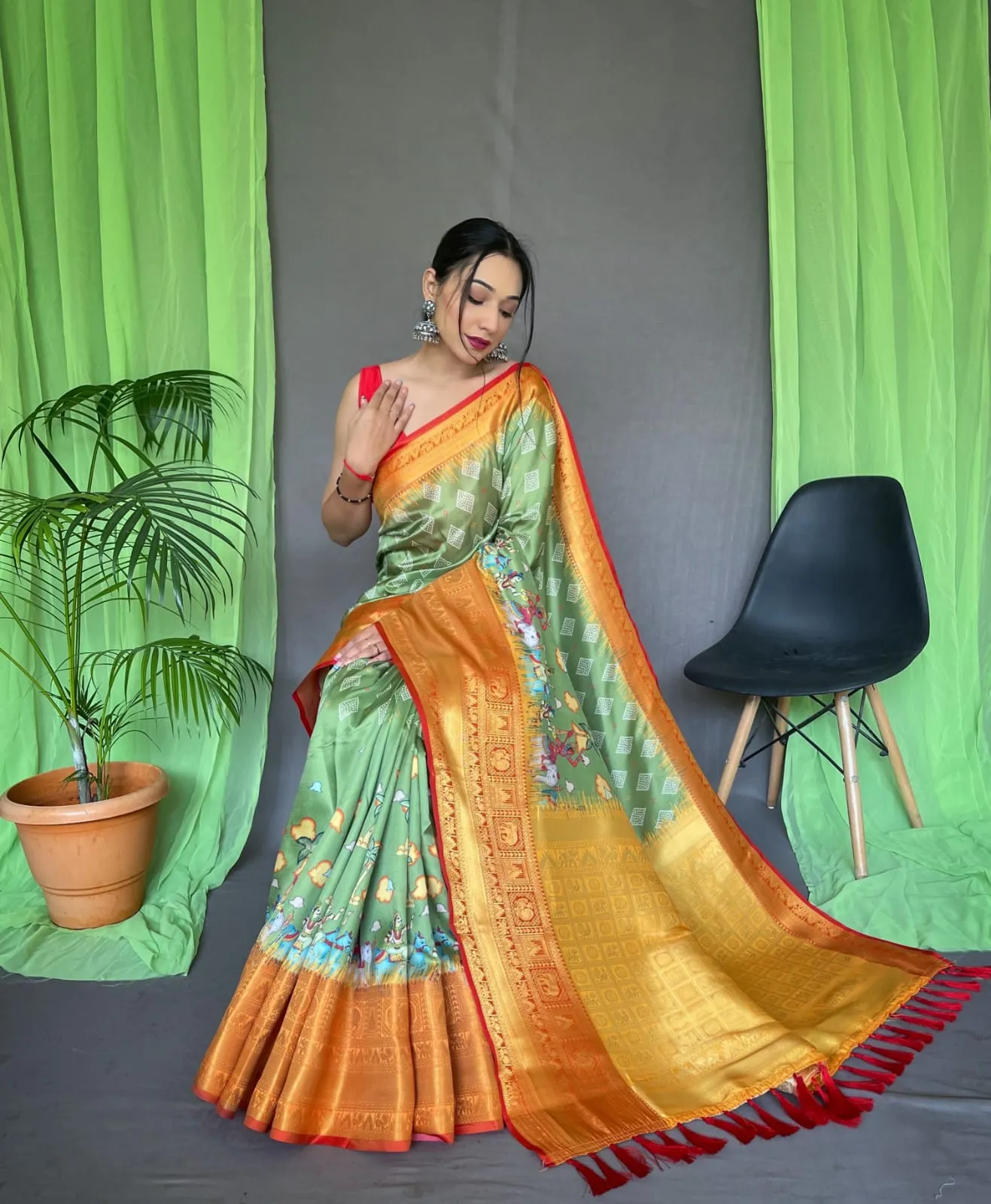 Pure kanchipuram Kalamkari Digital printed saree
