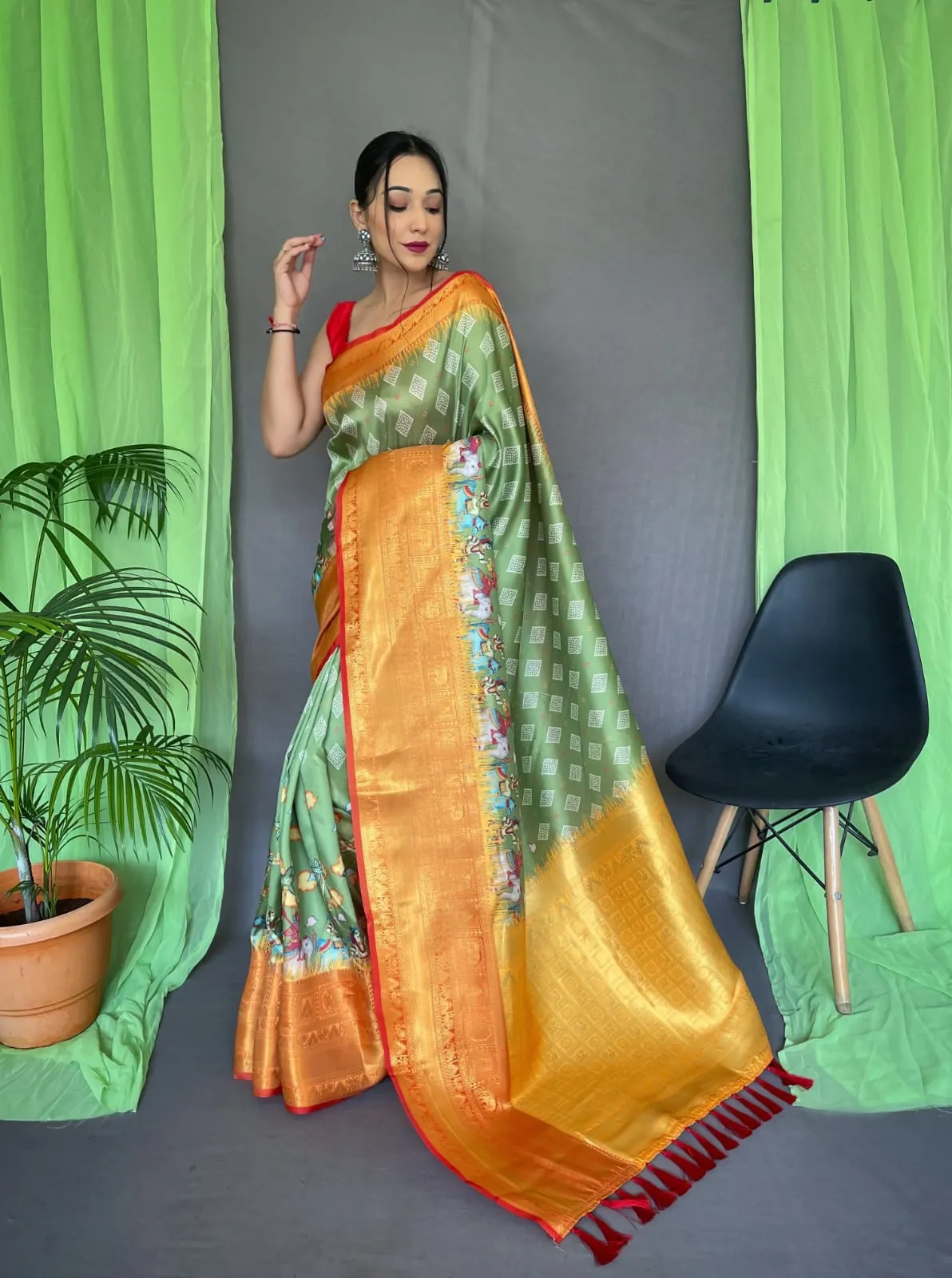 Pure kanchipuram Kalamkari Digital printed saree