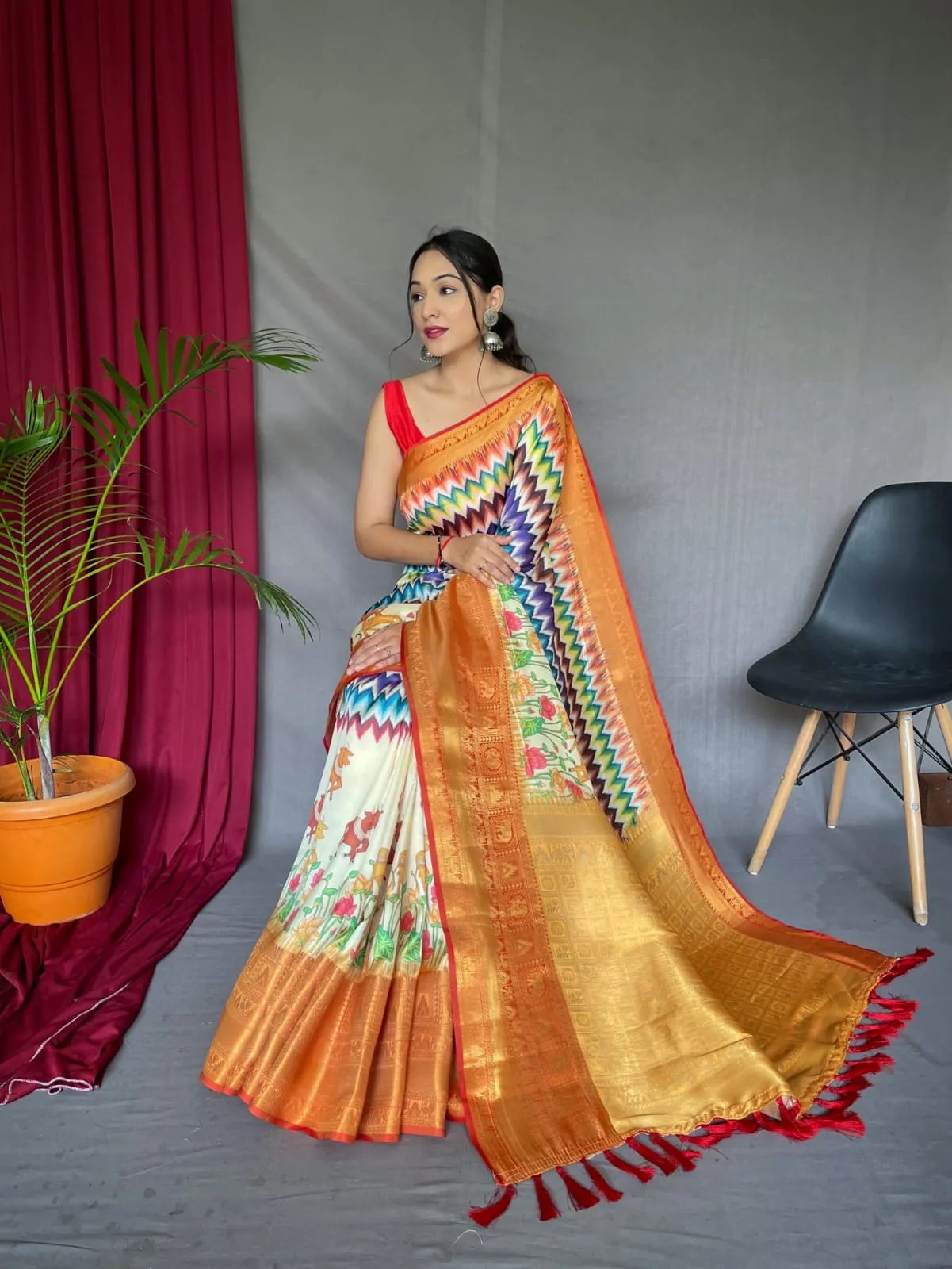 Pure kanchipuram Kalamkari Digital printed saree