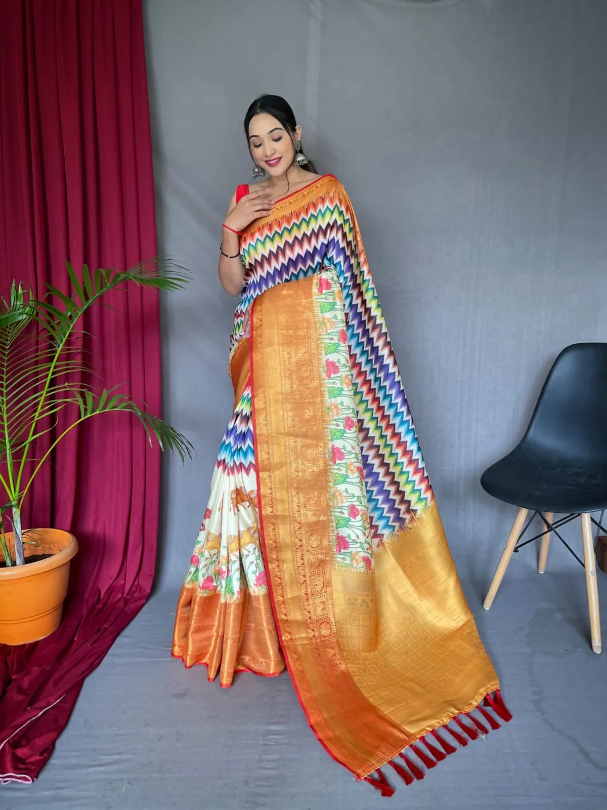 Pure kanchipuram Kalamkari Digital printed saree